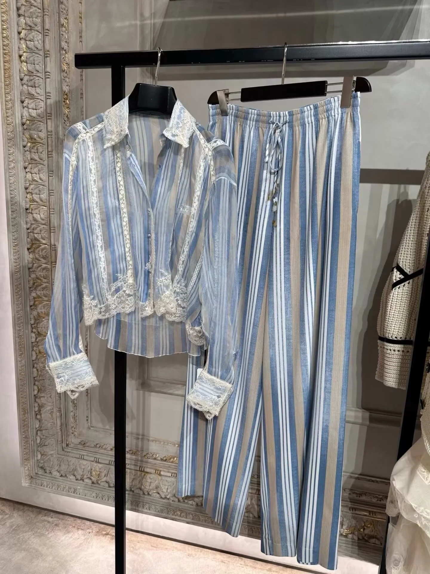 Runway Blue Striped Silk Shirt Luxury Floral Lace Patchwork Elegant Long Sleeve Blouse Women