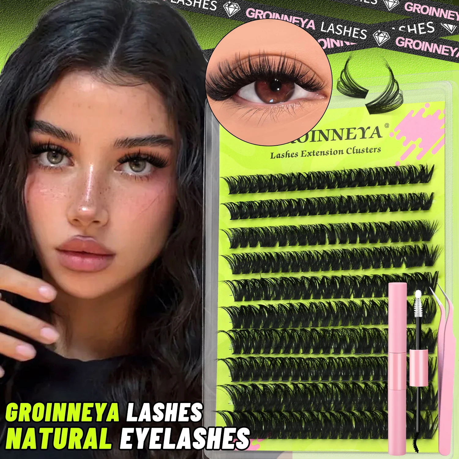 Eyelash Extension Full Set - GROINNEYA Thick Lash Clusters Set DIY