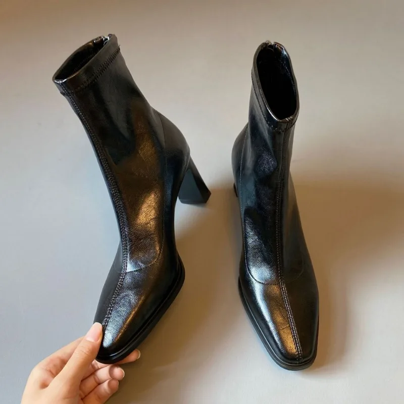 

Fashion Cowhide Ankle Boots Women 2025 Autumn Winter New Fashion High-Heeled Short Boots Women's Soft Leather Thin Elastic Boots