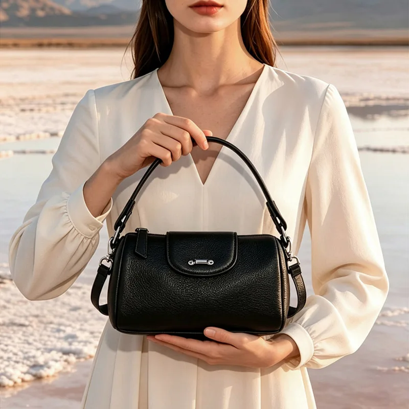 Classic Minimalist Lady Genuine Leather Barrel Shoulder Bag Versatile Multi Functional Crossbody Bag New Elegant Women Handbags