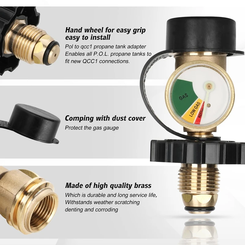 Fit POL Propane Tank Adapter With Gauge Converts POL LP Tank Service Valve To QCC1 / Type 1,For RV Camper, BBQ Gas Grill