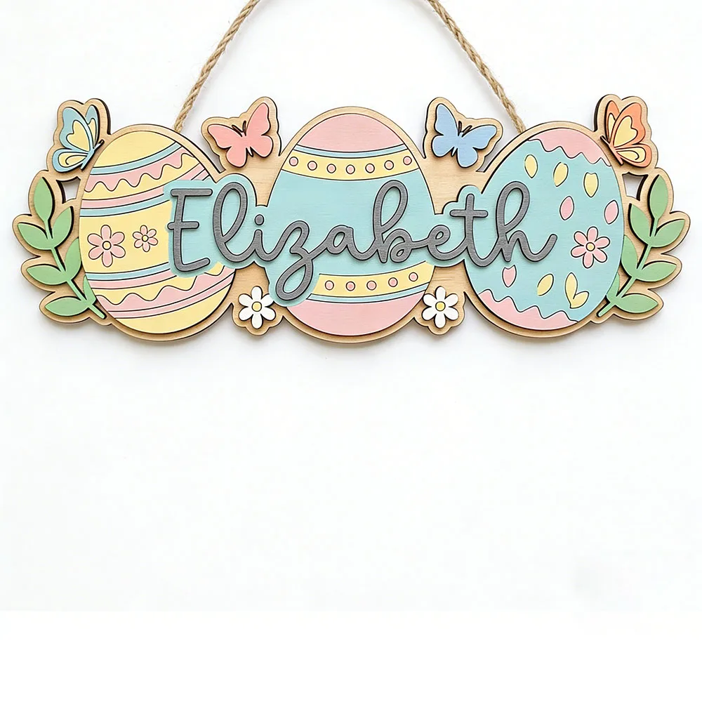 Personalized Easter Name Sign, Wooden Pastel Egg & Butterfly Nursery Decor, Cute Spring Door Plaque, Unique Easter Gift