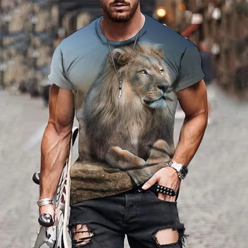 تي شيرت رجالي مطبوع عليه أسد الحيوان بأكمام قصيرة ورقبة دائرية بلوفر ملابس الشارع الشهير قميص رياضي فضفاض تي شيرت رجالي ملابس #3