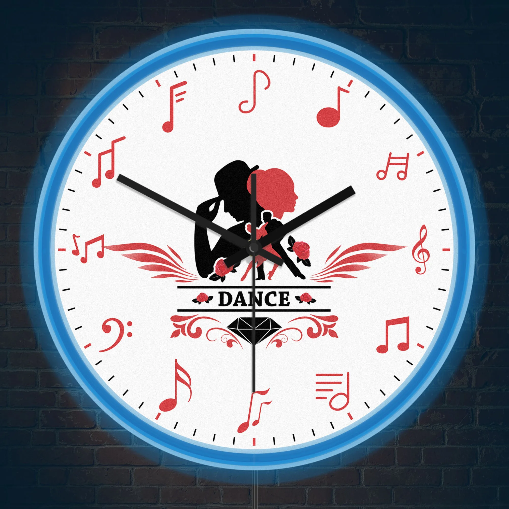 Dance Couple Musical Note Silent Non Ticking Wall Clock With Neon Light Dancing Studio Illuminated Wall Clock LED Display Sign