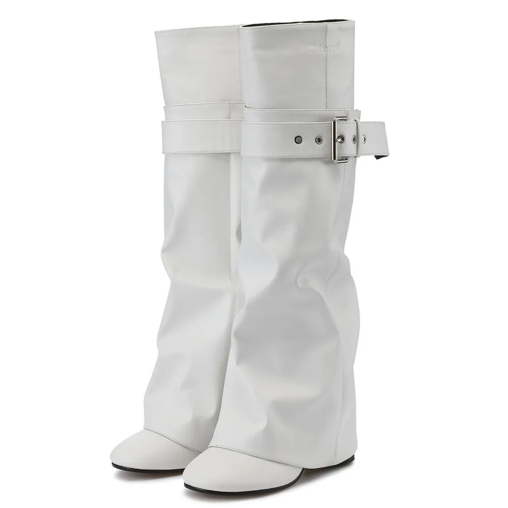 Women Buckle Strap Slouch Knee High Boots Faux Leather Round Toe High Heel Fold Over Long Boots Fashion Botas Mujer - view 2