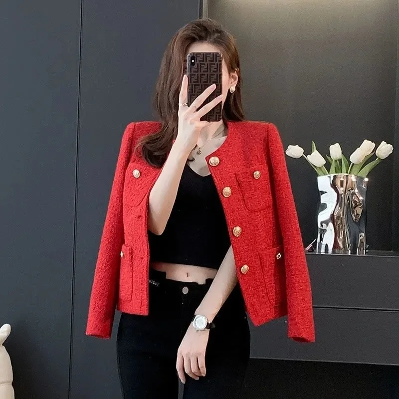 Red Small Fragrance Jacket Female 2025 Spring Autumn New Coat High Sense Fashion Overcoat Temperament Outerwear Short Women Tops