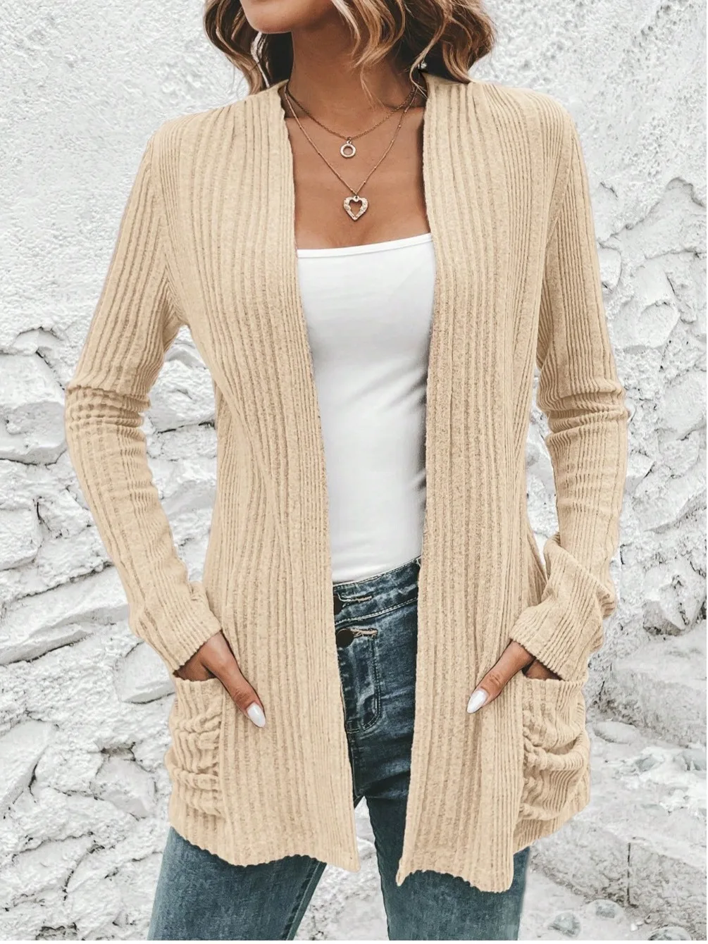 แฟชั่นฤดูใบไม้ร่วงเสื้อคาร์ดิแกนถักแขนยาวผู้หญิงแจ๊กเก็ตโพลีเอสเตอร์ผสมสตรีทสเลปกติพอดีเสื้อโค้ท