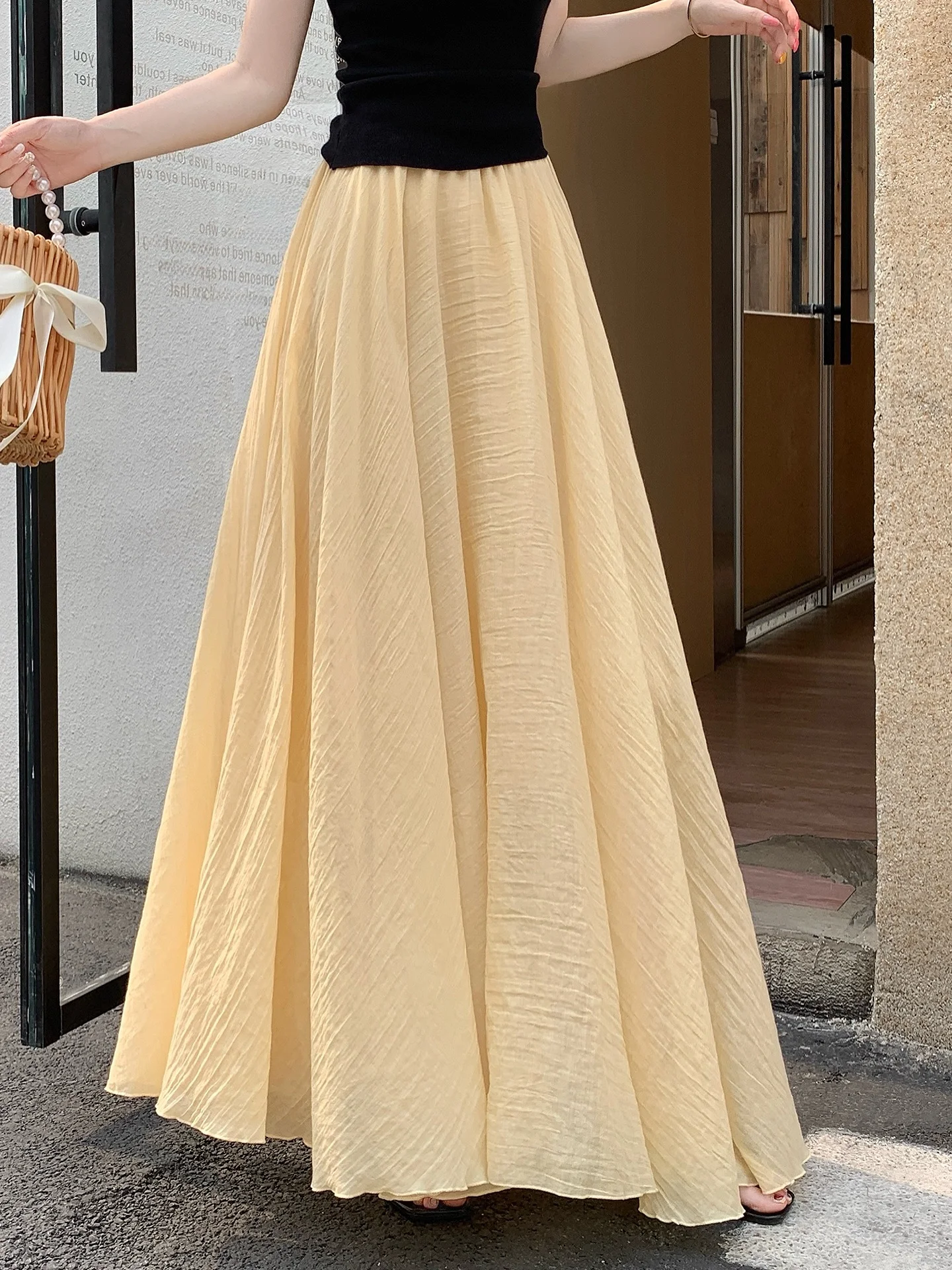 Elegant Yellow Ice Silk Cotton Linen A-Line Skirt Women's High Waist Slimming Hip Covering Draping Floaty Umbrella Skirt