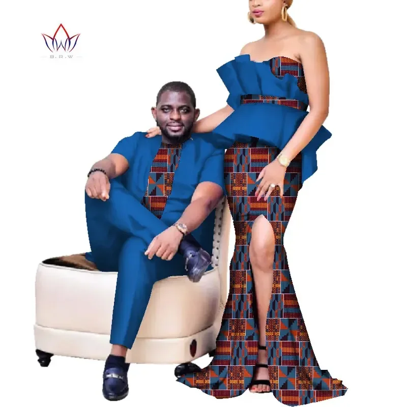 

BRW Elegant Women Mermaid Dresses Couples Clothing African Print Dresses Plus Size Dashiki Mens Set for Lover WYQ223