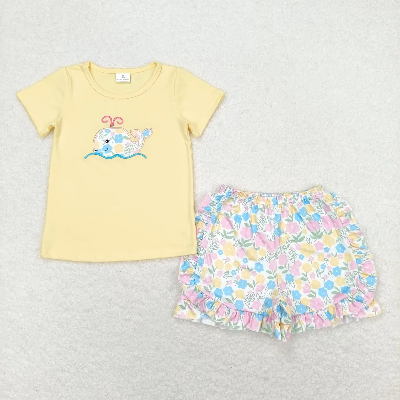 Wholesale Kids Children Short Sleeves Embroidery Tops Two Pieces Baby Girl Summer Set Fish Outfit Toddler Ruffle Shorts Clothes