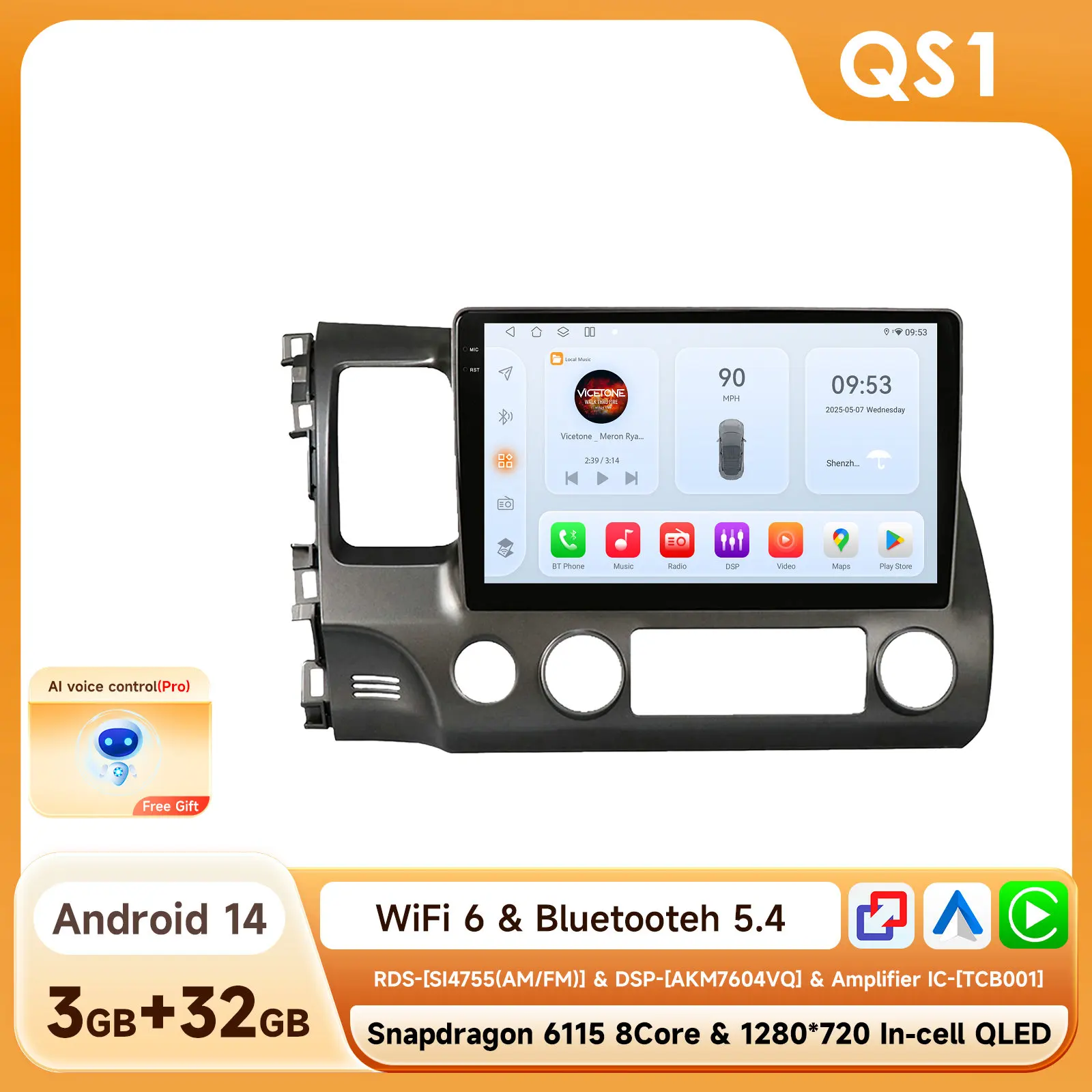 4G Autoradio Android 14 Autostereo Radio voor Honda Civic 8 2006 - 2011 Multimedia Videospeler Navigatie GPS 2Din WiFi Audio BT
