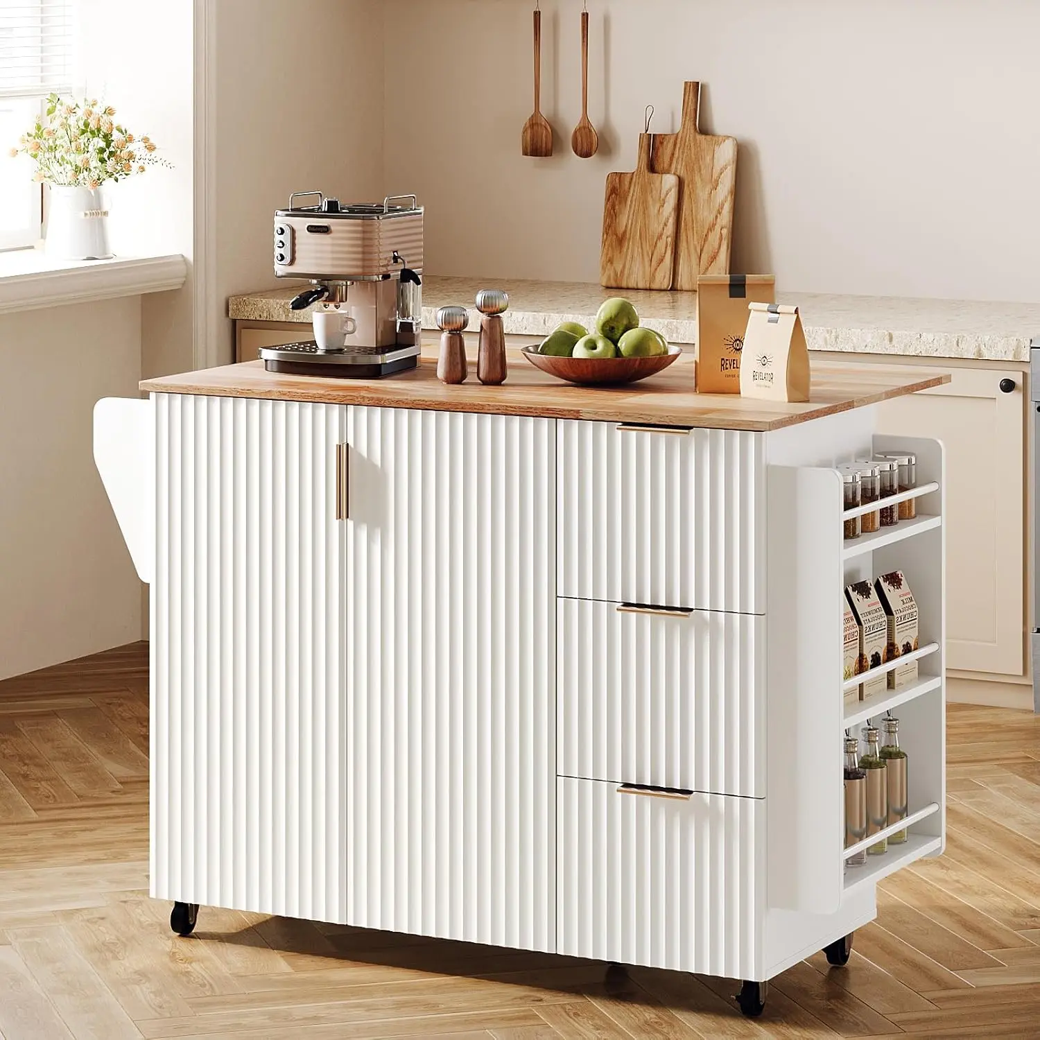 Fluted Rolling Kitchen Cart with Storage, 2 Drawers & 4 Doors, Adjustable Shelves, Rubber Wood Top, White, Customized