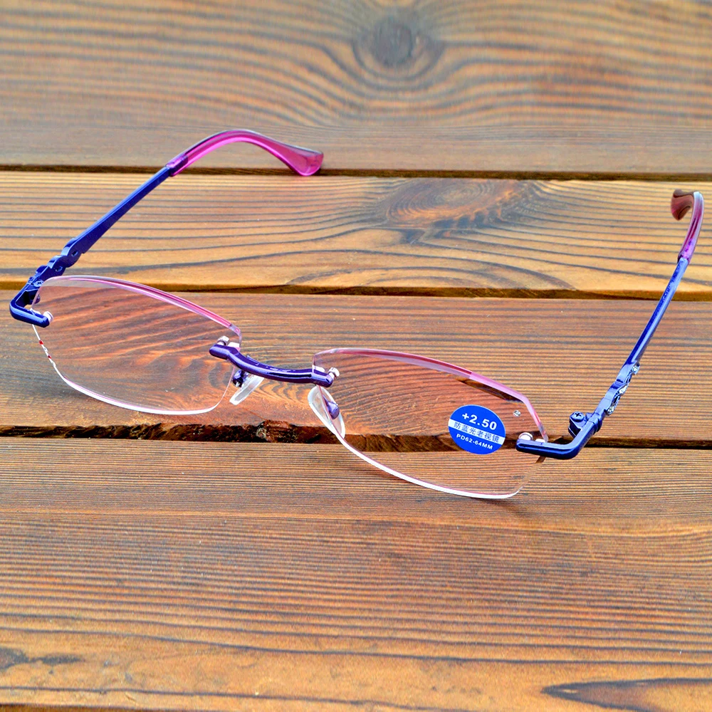 Rectangle Purple Frame Rimless Light Spectacles Multi-coated Red Lenses Fashion Reading Glasses +0.75 To +4