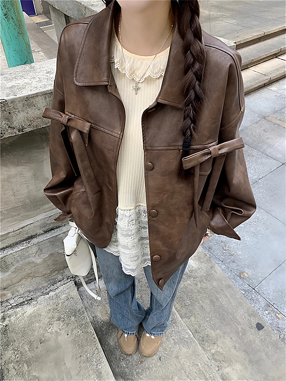 

American Style Brown Leather Jacket Loose Versatile Butterfly Bow Sweet Handsome Jacket Spring Autumn Short Women's Top 2025