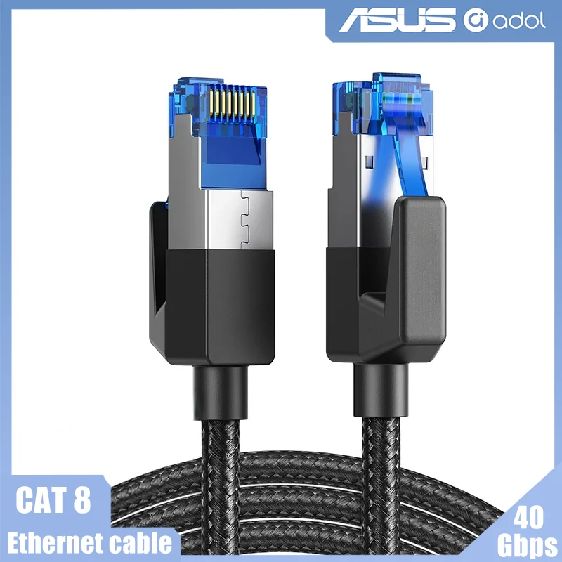 ASUS 6.56ft CAT8 Ethernet Cable 40Gbps 2000MHz Nylon Braided RJ45 LAN Patch Cord Gold‑plated Connector for Router PS5 Laptop
