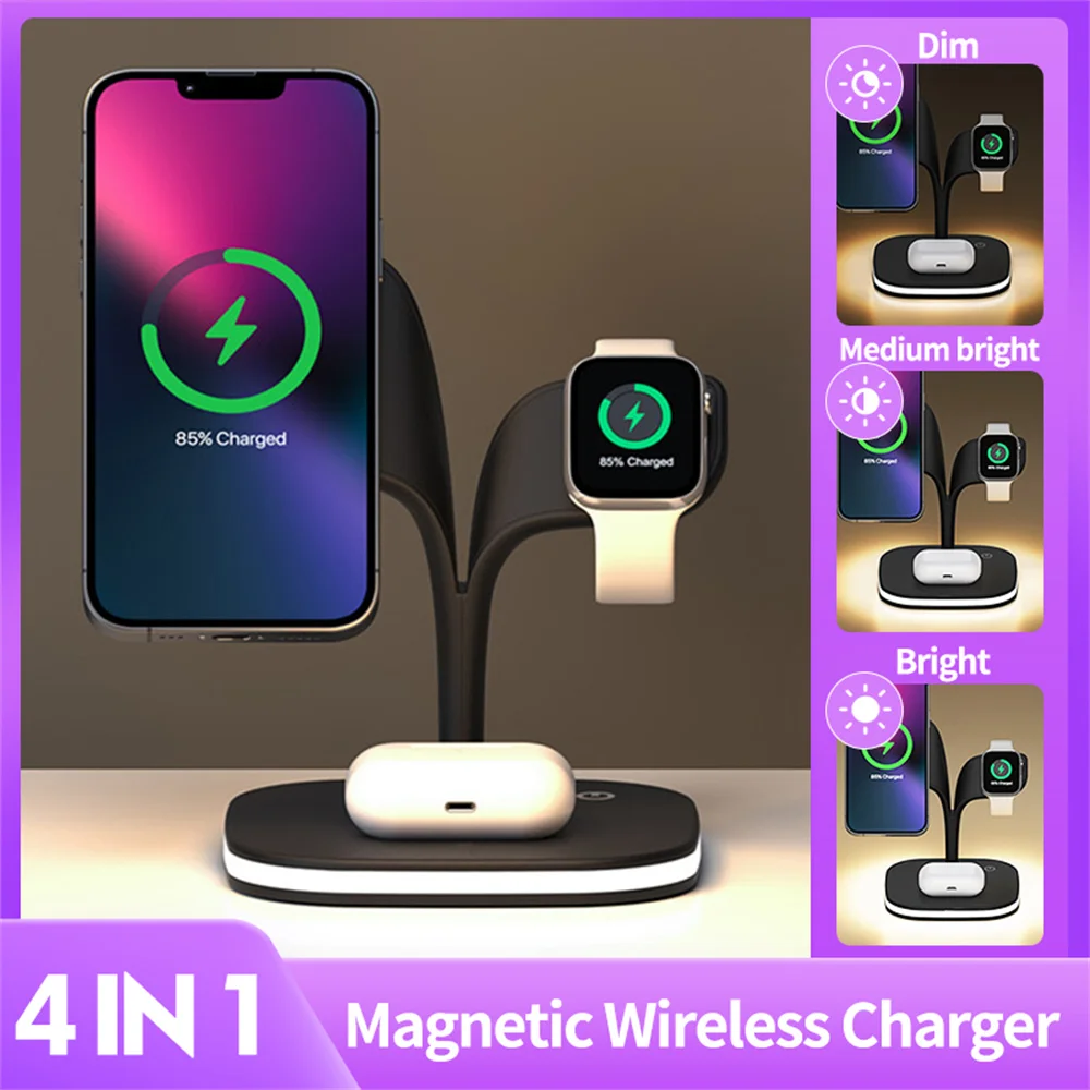 4 in 1 Magnetic Wireless Charger For iPhone 15 14 13 12 Adjustable Light Fast Charging Dock Station For Airpods Apple Watch 9 8