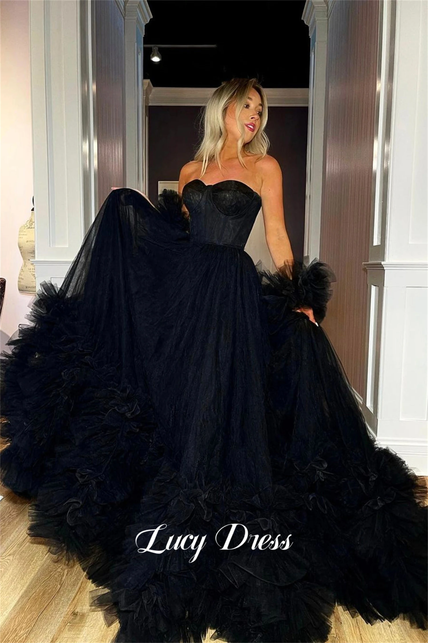 

Lorrtta Ball Gown Strapless Evening Dress Fluffy Mesh Black New in Dresses Gala 2024 Prom Clothes Elegant Party Women Luxury