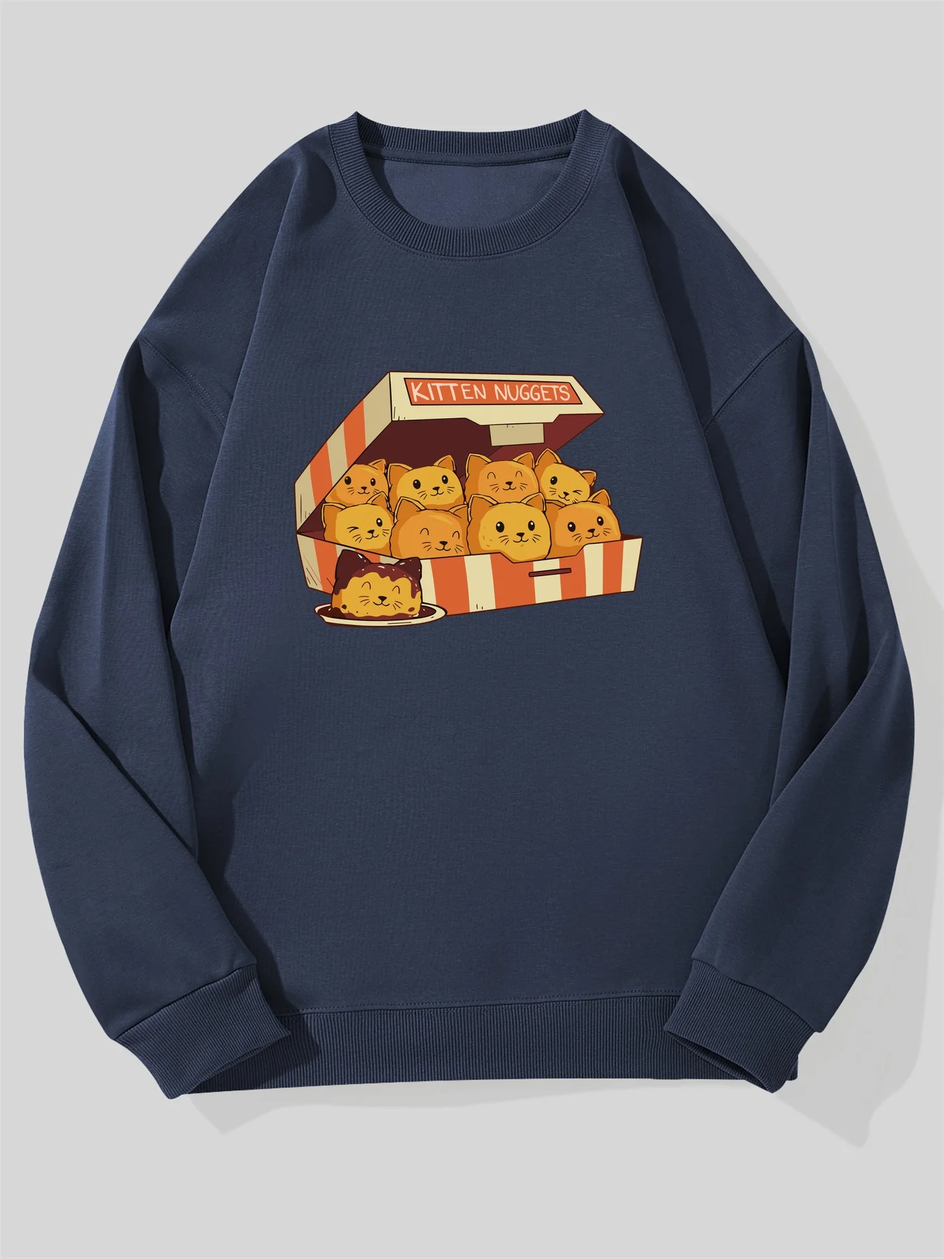 

Men's Kitten Nuggets Graphic Sweatshirt - Navy Blue Casual Crewneck Pullover with Cute Kitten Design, Loose Fit Everyday Sweater