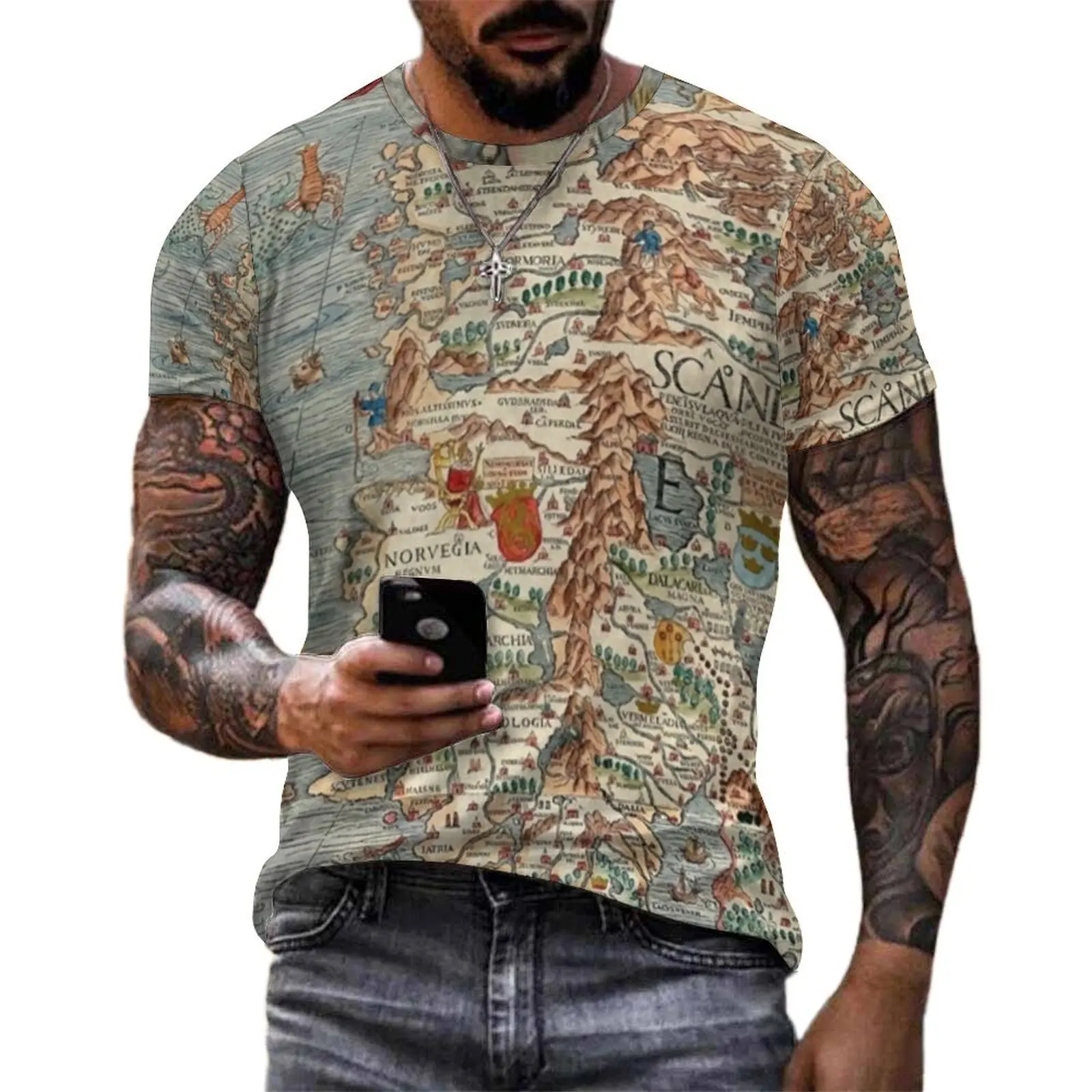 Beach T-Shirt Vintage Old World Map T-Shirts Iceland Print Aesthetic Harajuku Tees For Male Short Sleeve Graphic Plus Size Tops