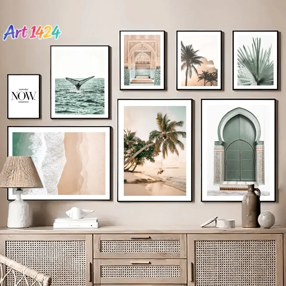 1pc frameless Canvas painting Palm Tree Beach Sea Whale Canvas Painting Islam Wall Art Pictures Nordic Posters Prints Modern