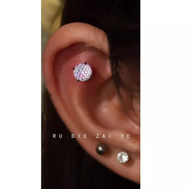Cartilage Studs Firework Cut Sparkling Flat Back Titanium Steel Silver Tone Lightweight Hypoallergenic Daily Jewelry