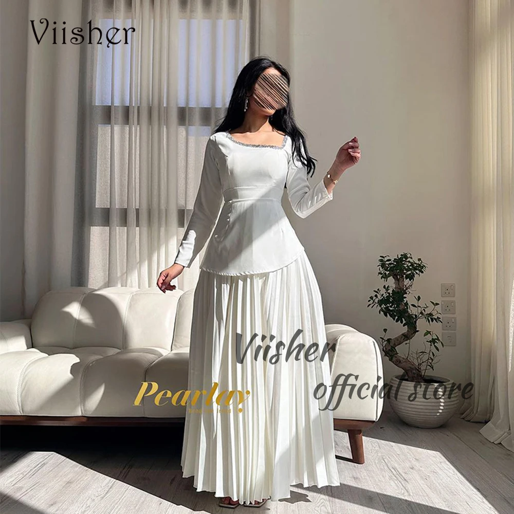 

White Mermaid Wedding Party Dresses Long Sleeve Square Neck Prom Dress Floor Length Arabic Dubai Formal Occasion Gowns