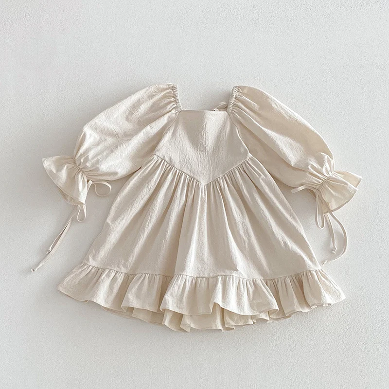 2026 New Spring Kids Princess Dresses Long Sleeved Cotton Solid Color 2-6Yrs Baby Girl Birthday Party Dress Children Clothes