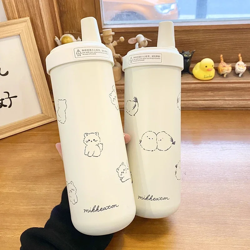 720ml Cute Cat Thermal Cup Kawaii Bubble Milk Tea Water Bottle with Straw Cover Cap Large Stainless Steel Thermos Coffee Tumbler