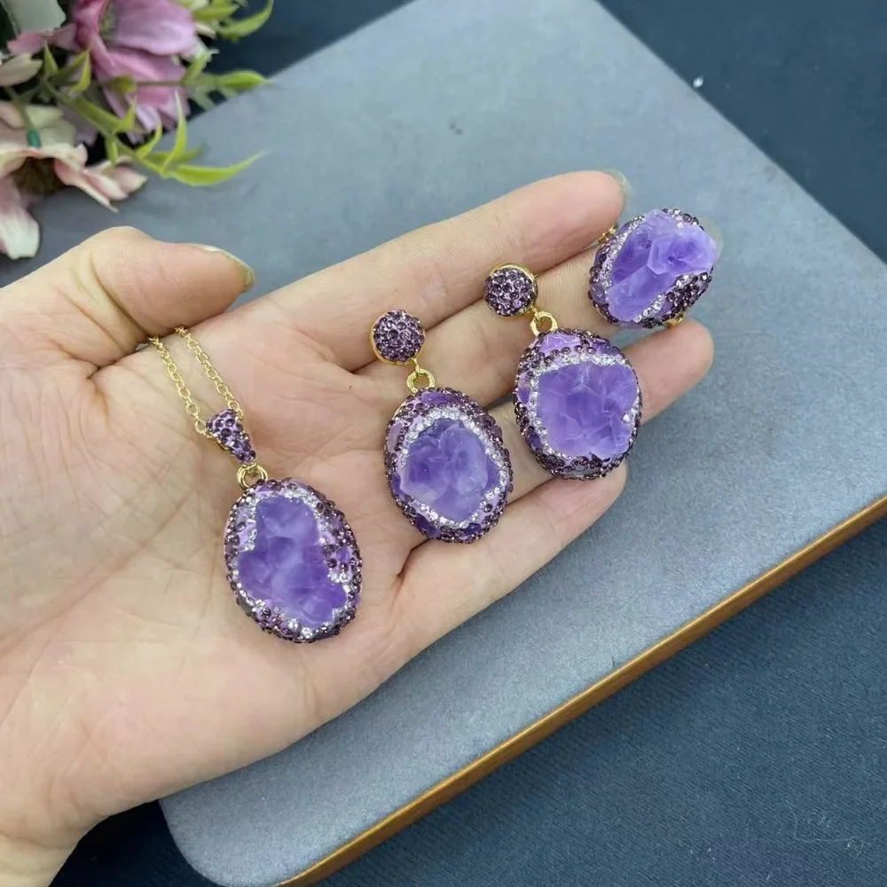 

Natural amethyst gemstone necklace, earrings, rings, women's jewelry set, exquisite accessories for ladies