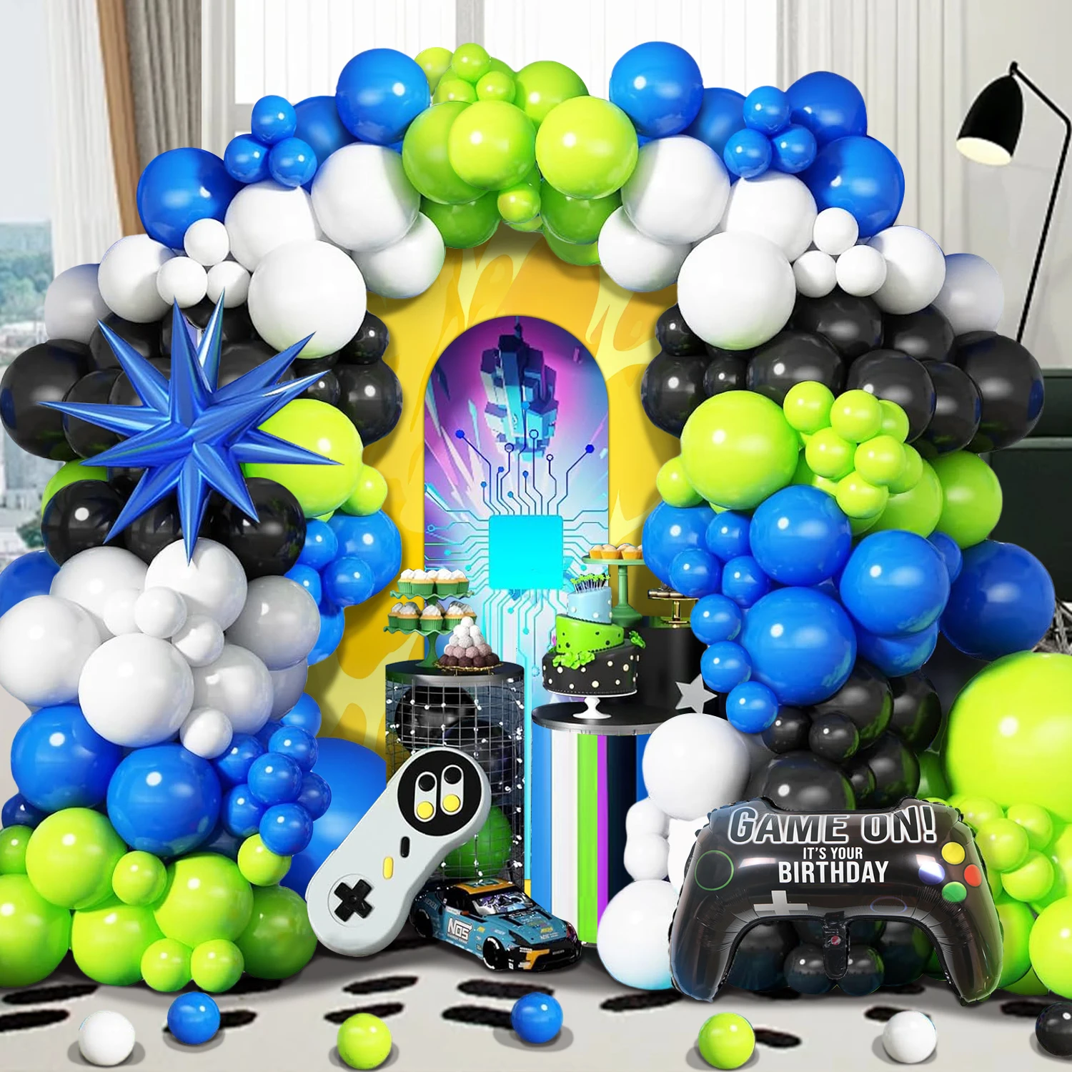 Set de 106 Globos para Fiesta Temática de Videojuegos, con Globos Azules, Verdes, Negros y Blancos, Combinados con Explosiones Azules