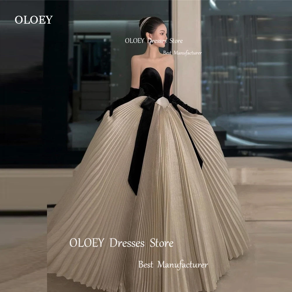 

OLOEY Elegant A Line Korea Evening Dresses Photo shoot Sweetheart Velvet Pleats Party Prom Gowns Gloves Free