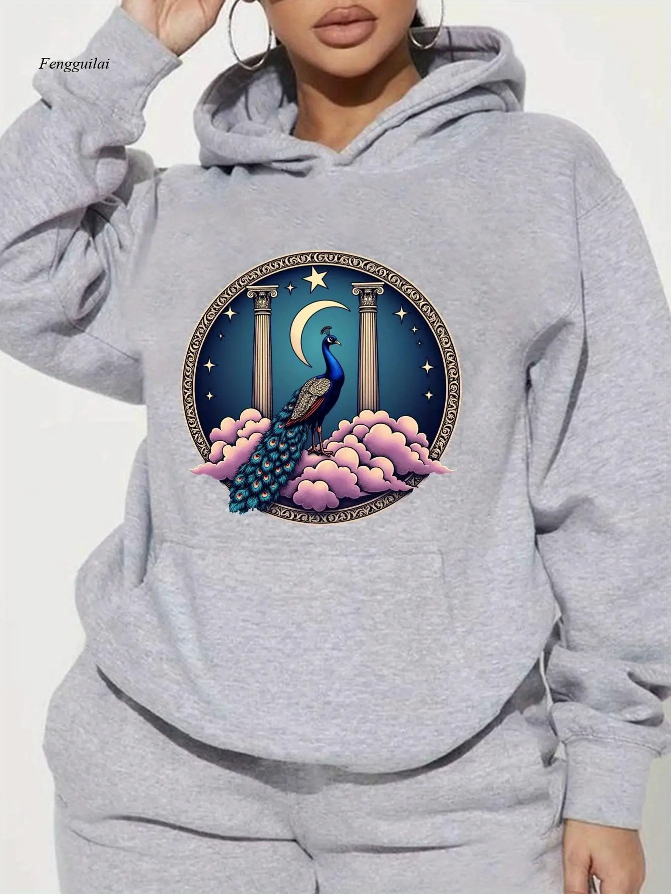 

Повседневная толстовка с павлином и украшенными облаками, трикотажная ткань, неэластичный, геометрический узор, осень/зима сезона