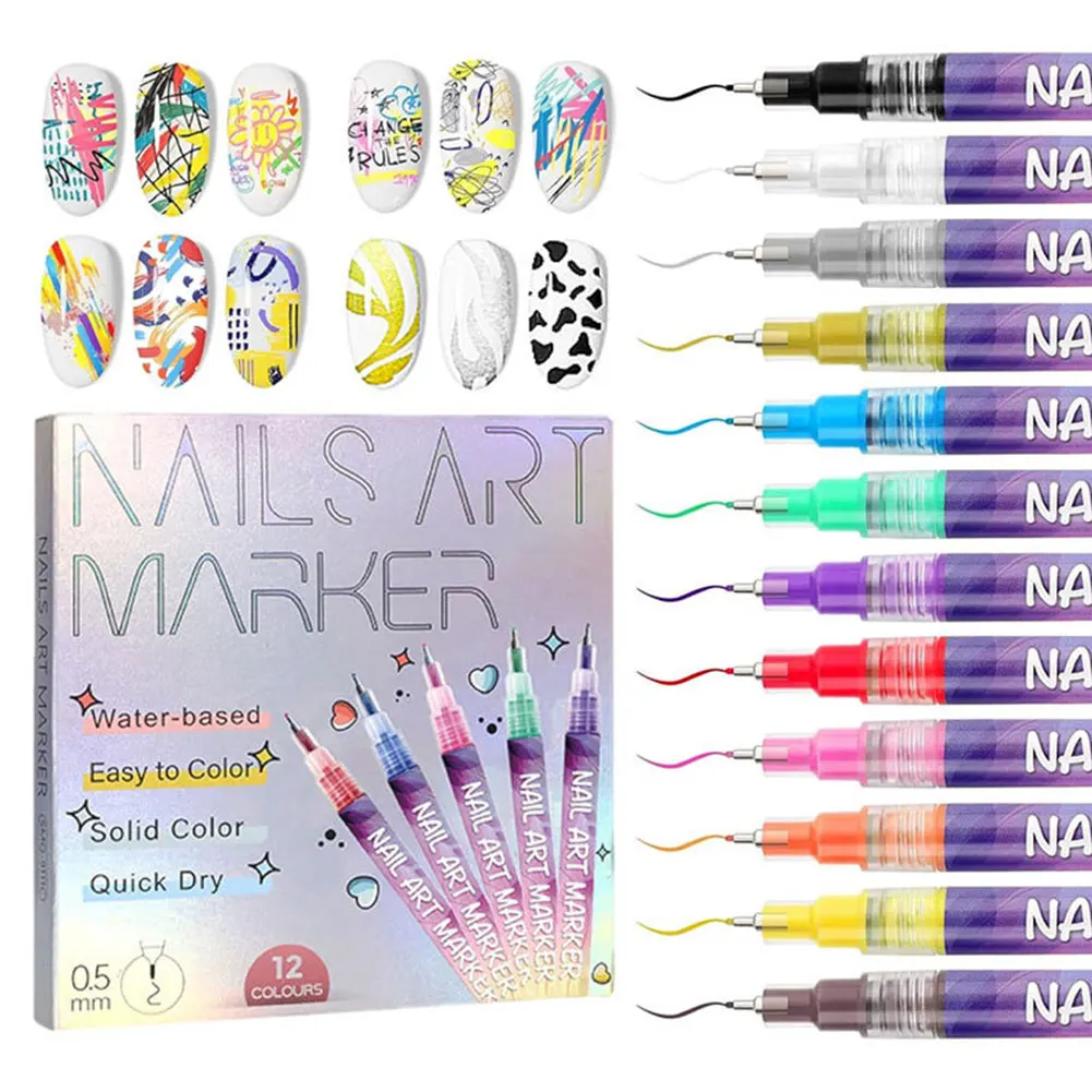

12 Colors Nail Art Pens Set Waterproof 0.5MM Nail Polish Pens Quick-Drying Nail Art Acrylic Paint Nail Pen Tools Salon Nail DIY