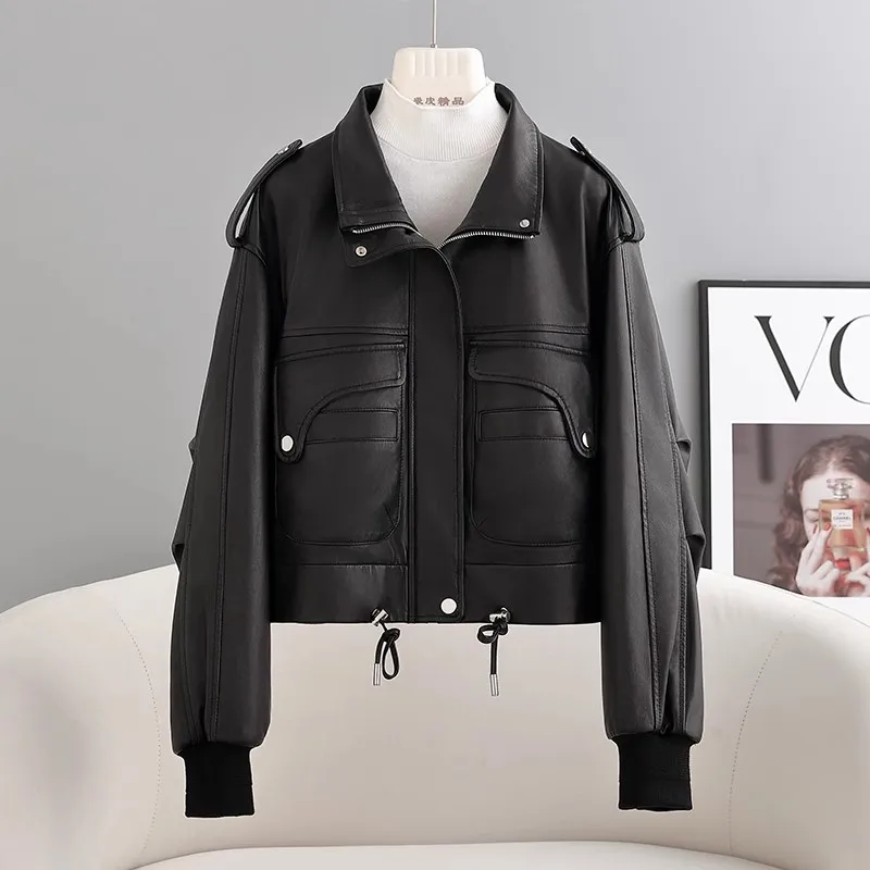 Casual Short Genuine Leather Motorcycle Jackets Women Spring Autumn High-end Simple Stand Collar Soft Black Real Sheepskin Coat