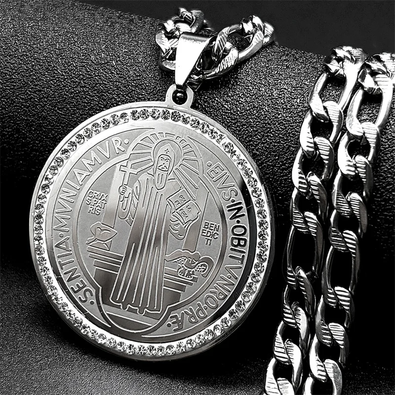 

Saint Benedict Round Pendant Necklace for Women Men Stainless Steel Gold Color Rhinestones Chain Catholic Jewelry San Benito