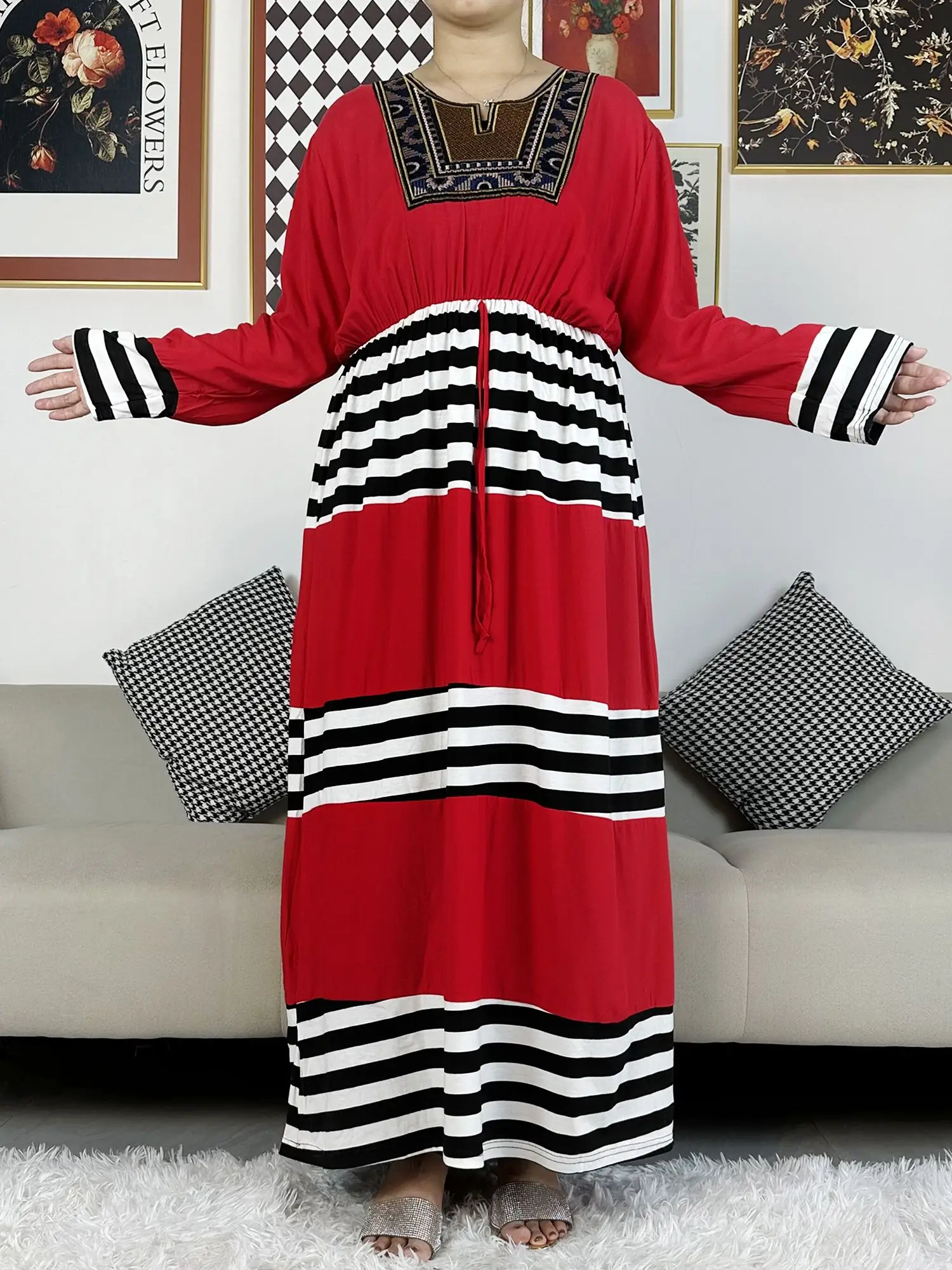 2023 New African Kaftan Women Cotton Abaya Dresses Long Sleeve Loose Style Dashiki Dubai Stripe Long Lady Dresses For Lady