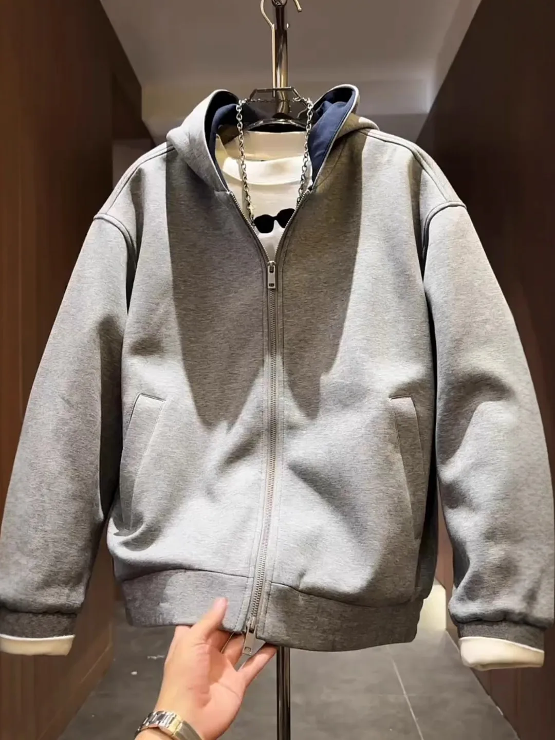 

New Spor Hooded Zipper Color Blo Men's Jaet Versatile Autumn Winter Outerwear Stand Fit Polyester Casual Youth Sle