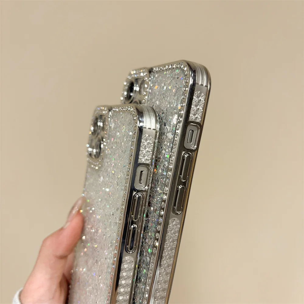 Shiny Rhinestone Shockproof Frame Phone Case For iPhone 16 13 14 15 12 Pro Max 11 Plating Lens Protection Glitter Sequins Cover