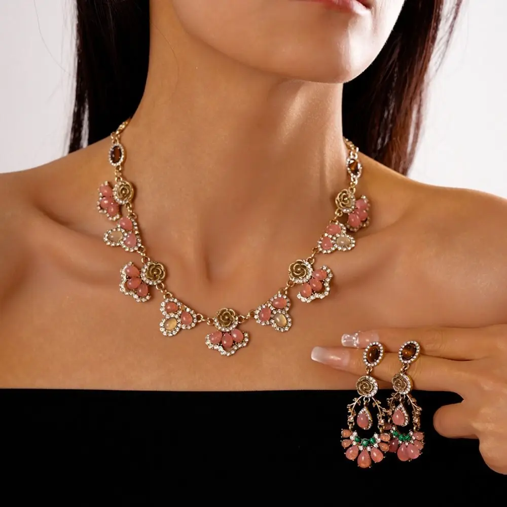 

Inlaid Rhinestone Pink Water Drop Necklace Nature Stone Trendy Flower Necklace Earring Advanced Temperament Clavicle Chain Women