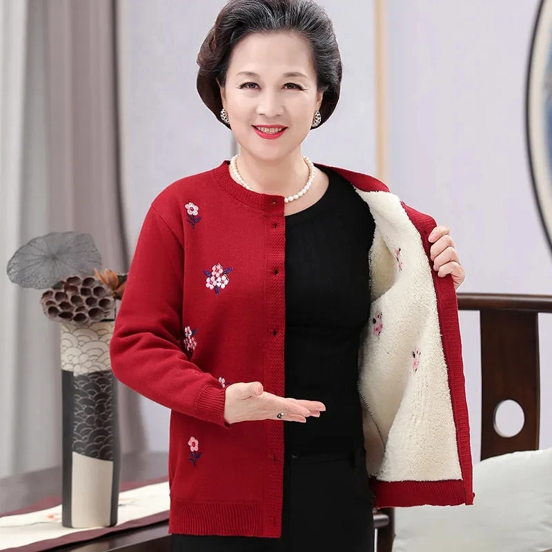 Grandma\'s Sweater Spring Autumn Coat Middle-Aged Elderly Winter Women\'s Cardigan Mother\'s Thickening Warm Lamb Velvet Jacket