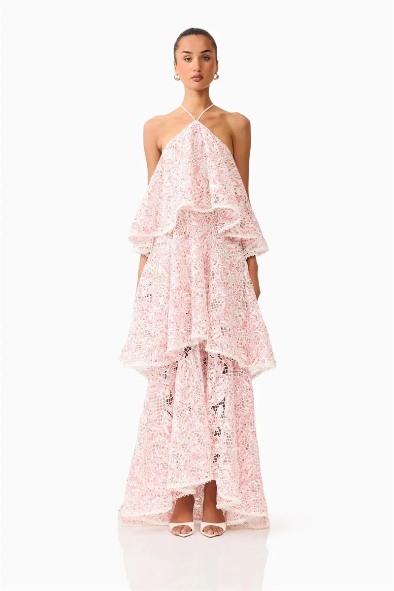 Pink Printed Prom Dress Sexy Halter Sleeveless Ruffle Edges Tiered Party Gown Luxury Formal Wedding Guest Birthday Evening Robe
