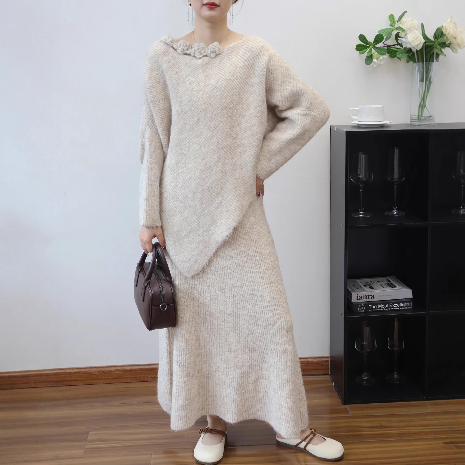 

Two Piece Sets Women Skirt Set Knitted Floral Sweaters Tops Long Skirts High Waist Knit Y2k Streetwear Elegant Work Autumn
