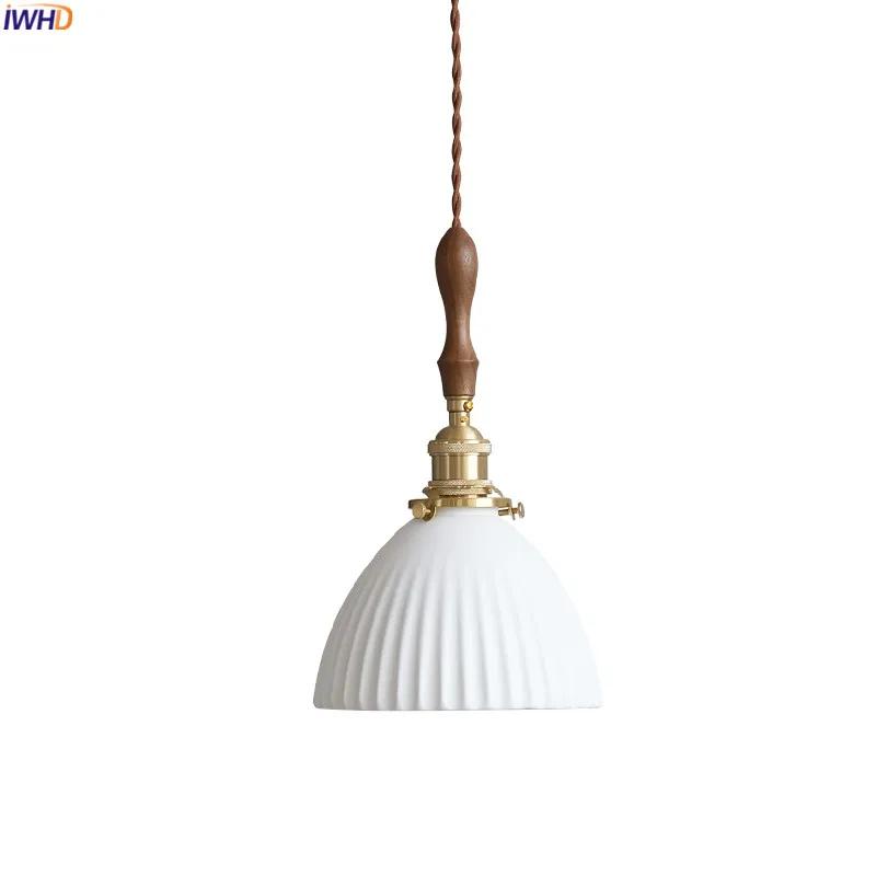 

IWHD Wandlamp White Ceramic LED Pendant Light Fixtures Wood Handle Copper Socket Bedroom Living Room Beside Lamp Hanglamp