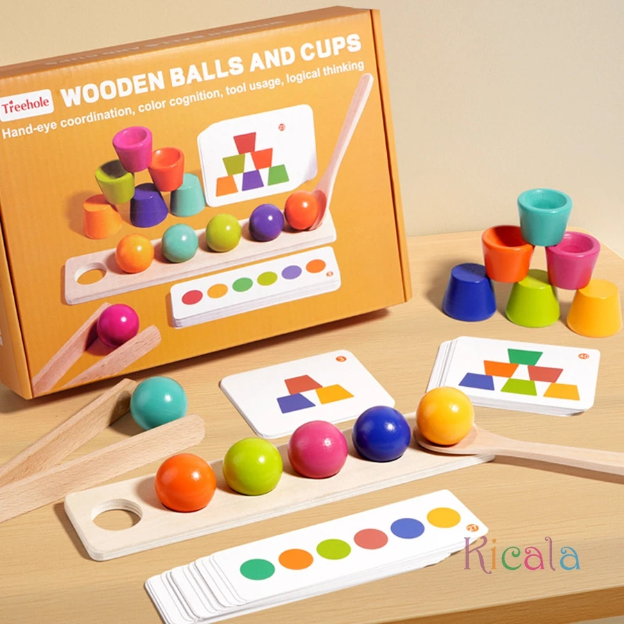 Giocattoli educativi Montessori in legno per bambini Palla abbinata ai colori Tazze impilabili Gioco Cognizione Sussidi didattici per l'apprendimento prescolare