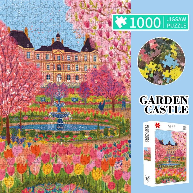 1 Box 1000 Piece Velvet Touch Jigsaw Puzzle, 2.2mm Thick Garden Castle Pattern, High Interlocking Tight Fit