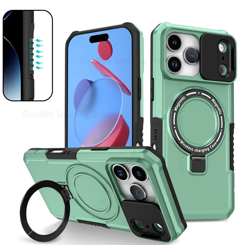 

Armor Shockproof Rugged Magnetic Case For iPhone 17 Pro Max Heavy Duty Stand Push Window Cover For Apple 16 15 14 Pro Max 17 Air