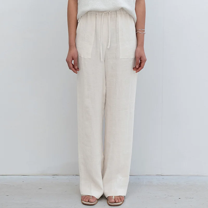 

100% Linen Drawstring Lace-up Straight Pants Women's 2025 Spring Cotton Linen Pants Loose Casual Trousers Female Clothing
