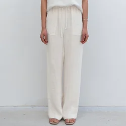 100% Linen Drawstring Lace-up Straight Pants Women's 2026 Spring Cotton Linen Pants Loose Casual Trousers Female Clothing