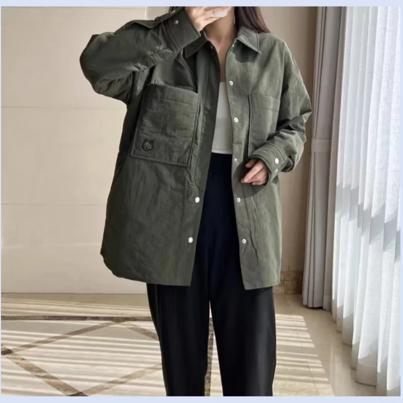 Paris niche autumn and winter army green thin clip cotton loose medium long shirt style cotton jacket