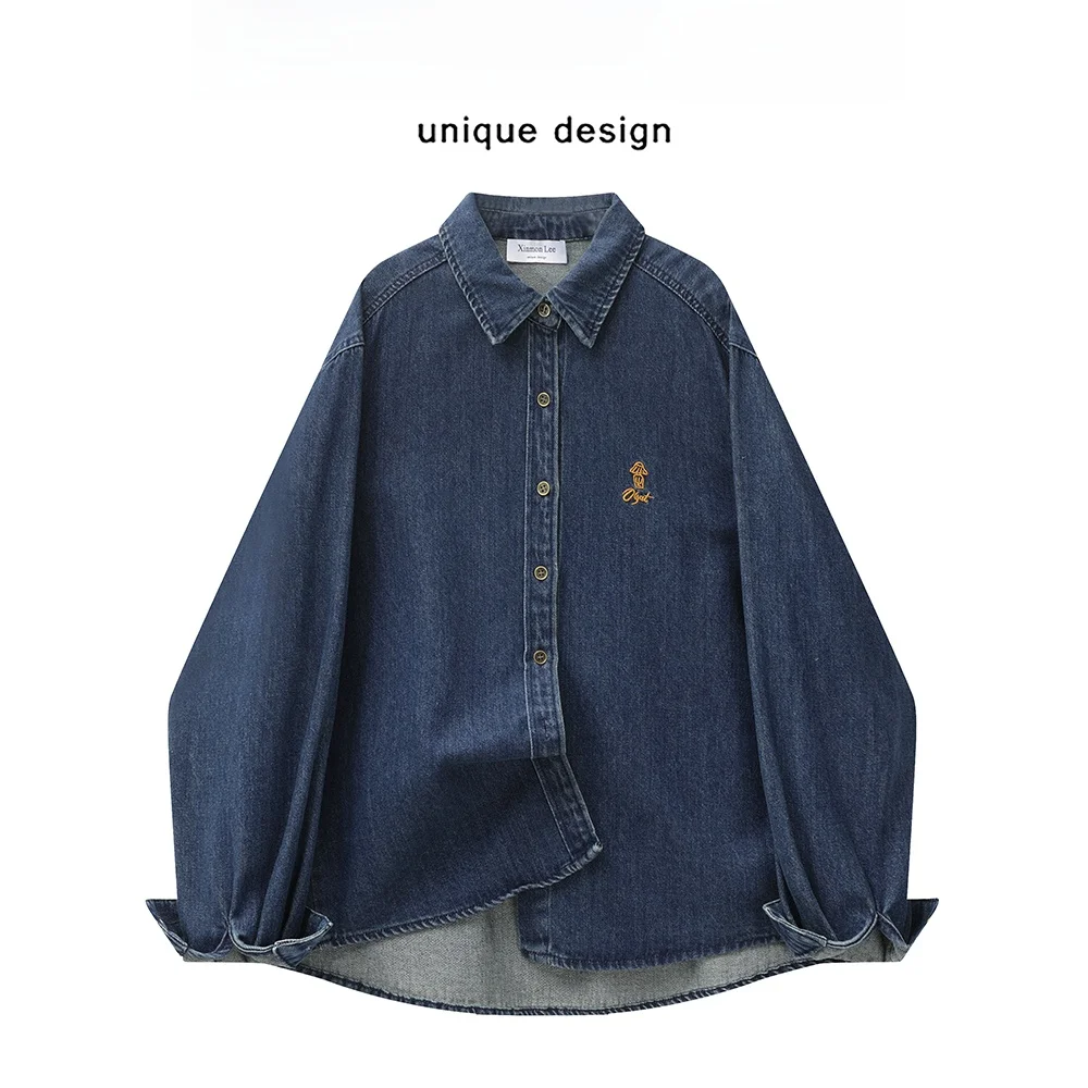 

Свободная женская джинсовая куртка темно-синего цвета, повседневная винтажная одежда, весенний сезон, универсальная корейская одежда с длинным воротником свека, чистая одежда...